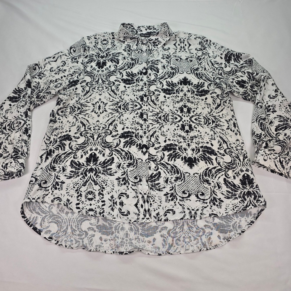 Big Dart Womens Damask Paisley Button Down Shirt Black White High Low Viscose 16